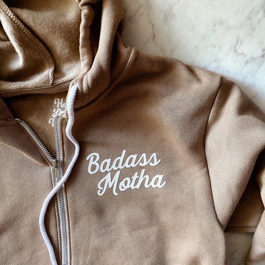 BADASS MOTHA - UNISEX TAN FLEECE ZIP